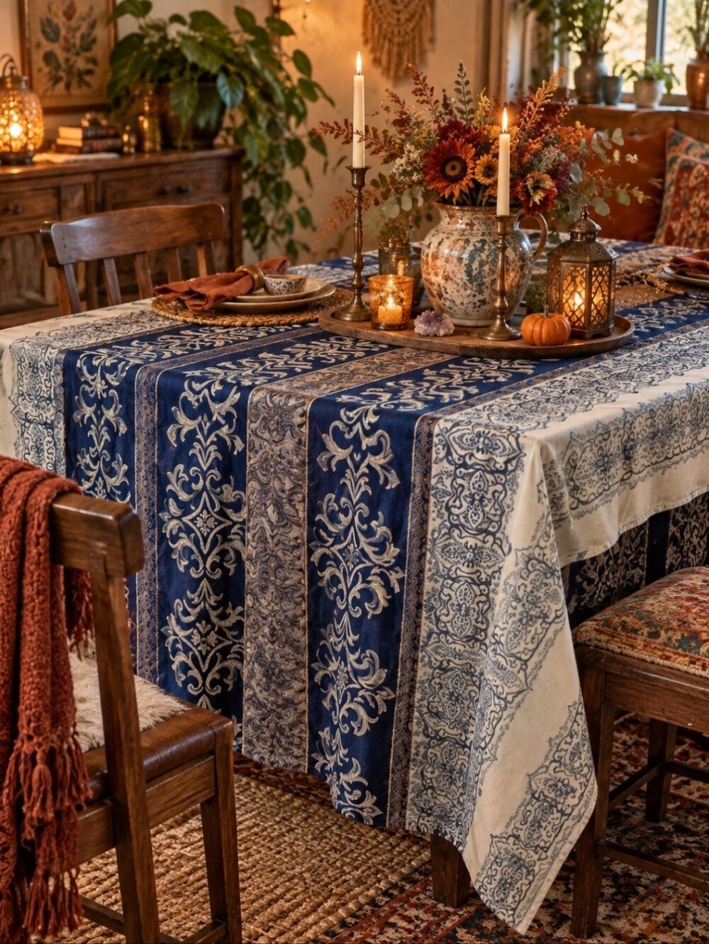 Boho Maximalist Blue & Gold Damask Tablecloth 39x82 | Vintage Eclectic Decor